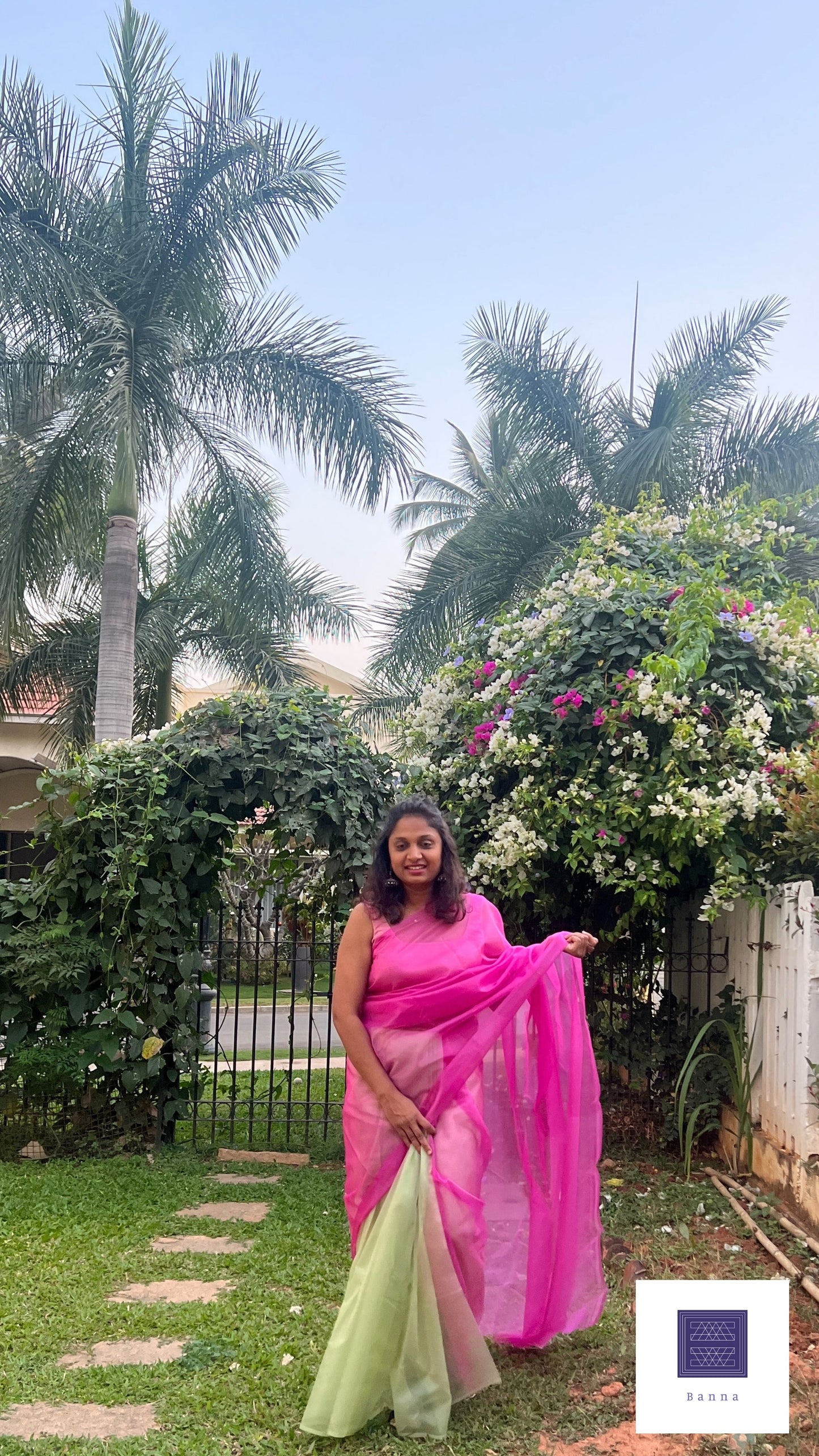 Bougainvillea Bloom, Bright pink and light green - Banna's signature organza saree