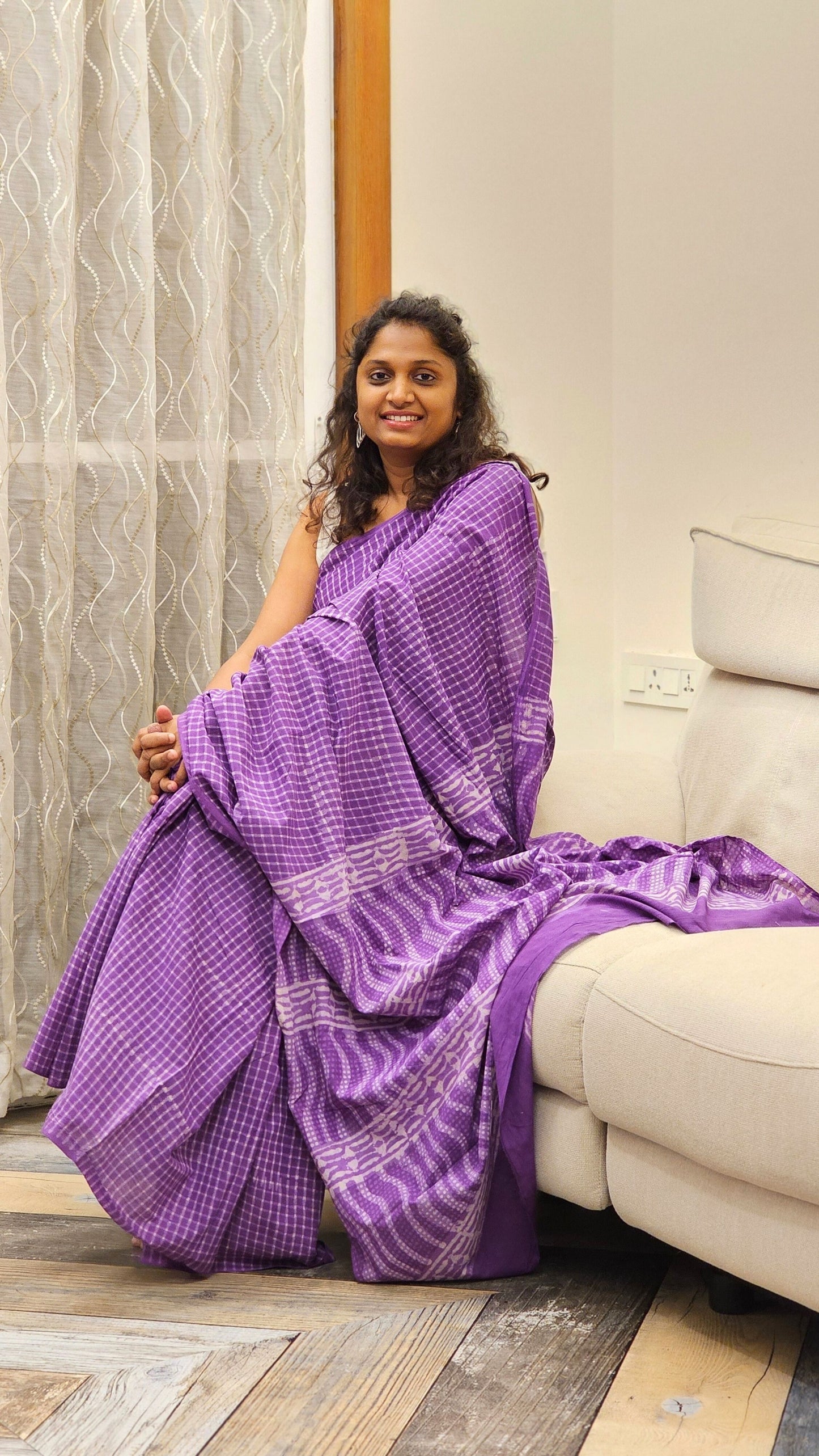 Mulmul cotton saree with Handblock prints - Checks