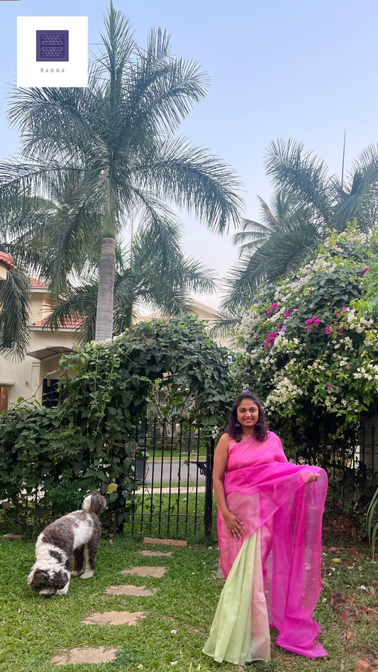 Bougainvillea Bloom, Bright pink and light green - Banna's signature organza saree