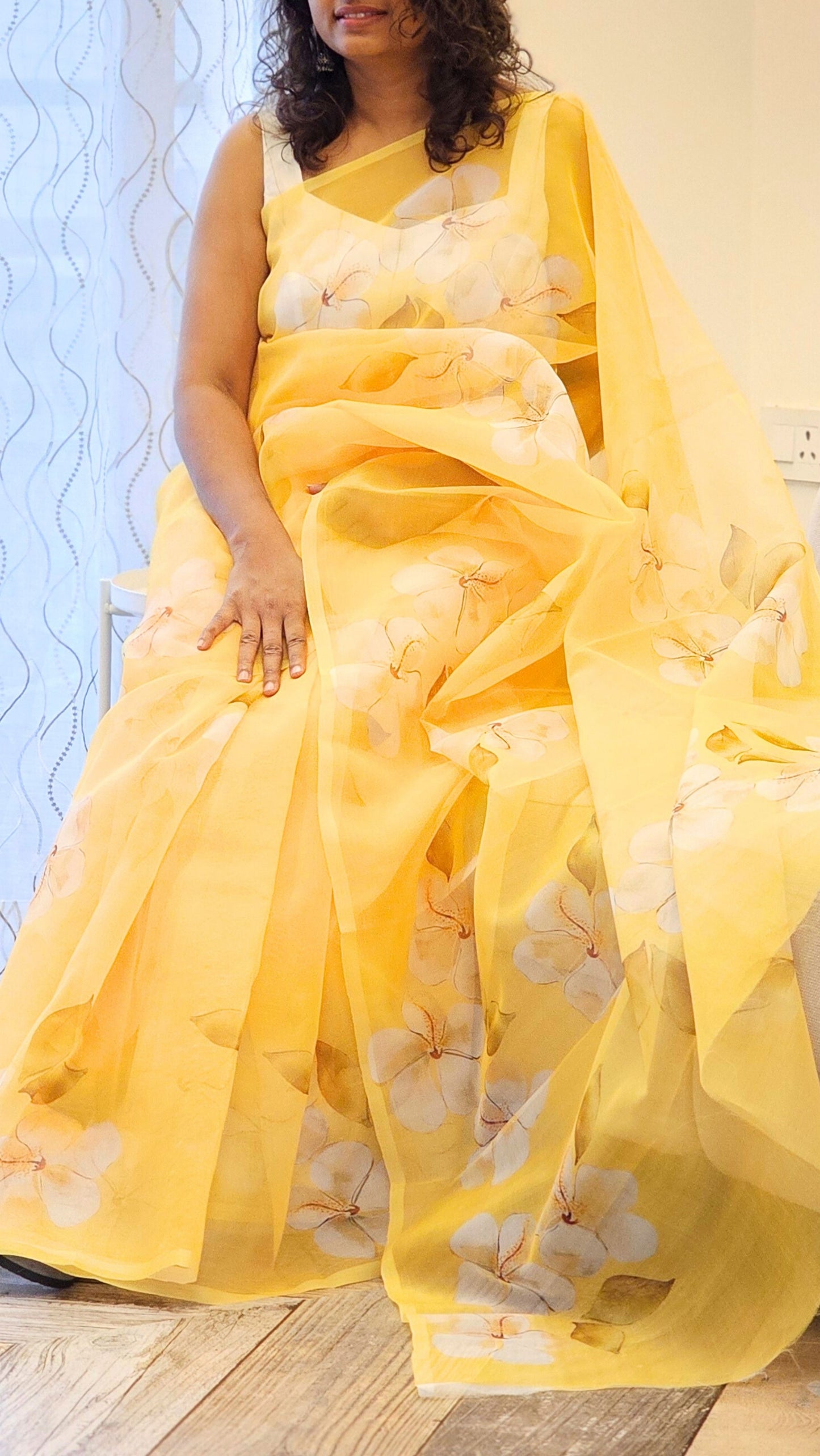 Yellow Organza Saree with floral Prints