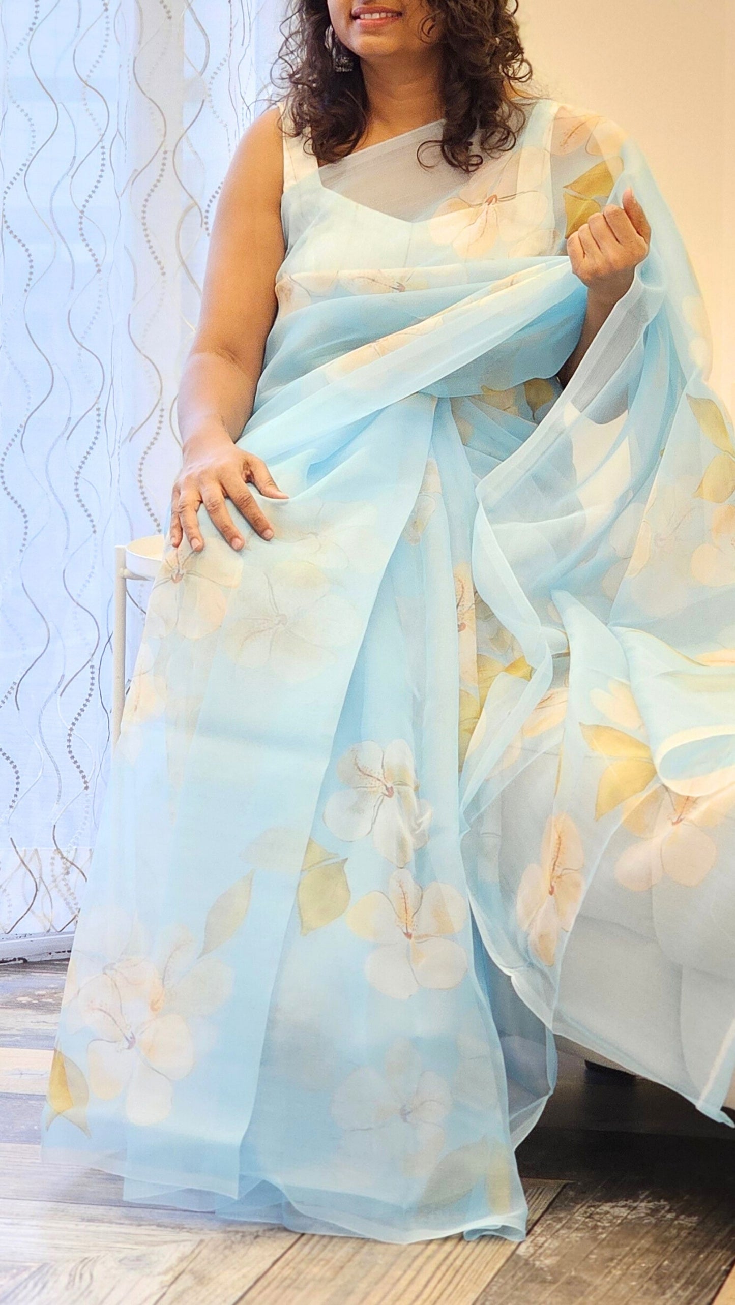 Blue Organza Saree with floral Prints in White and yellow