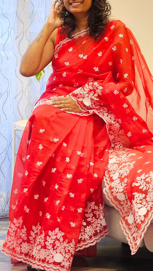 Red Rose Floral - Organza saree with Floral Embroidery