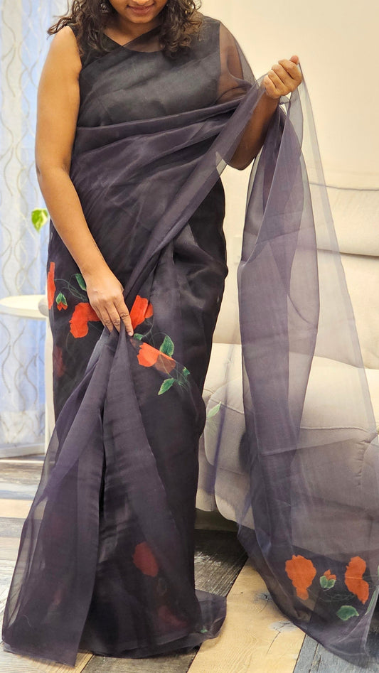 Black Organza Saree with big floral Prints in Red