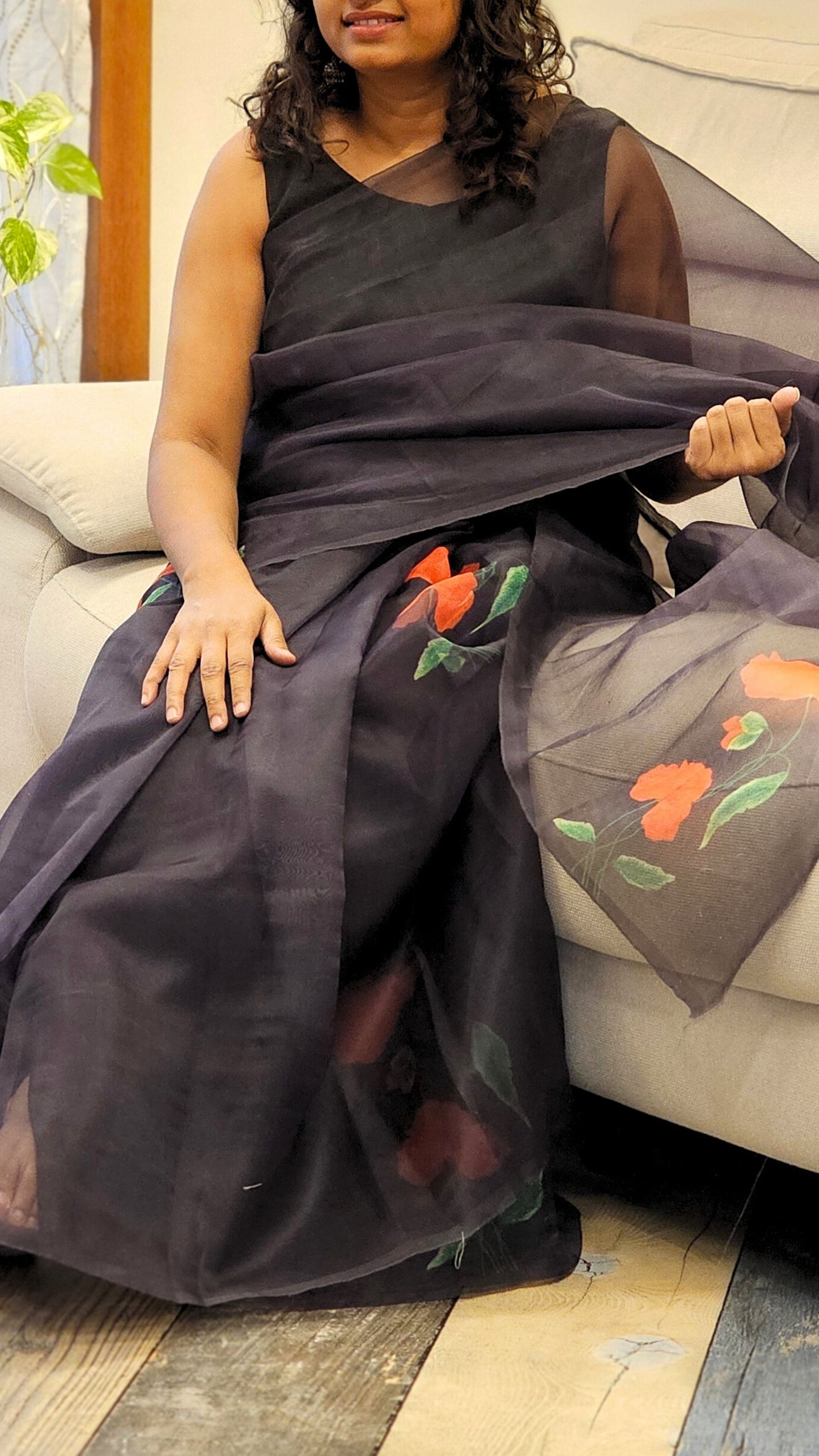 Black Organza Saree with big floral Prints in Red