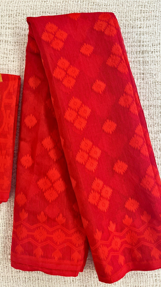 Cotton Jamdani diamond saree - Red