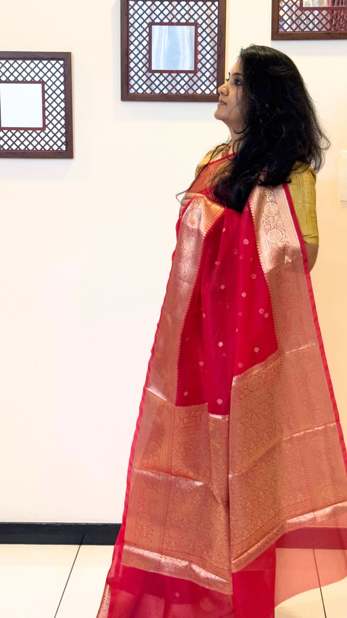 Traditional Banarasi Weaving in Organza - Red