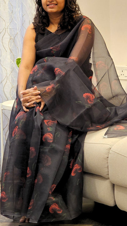 Black Organza Saree with floral Prints in Red