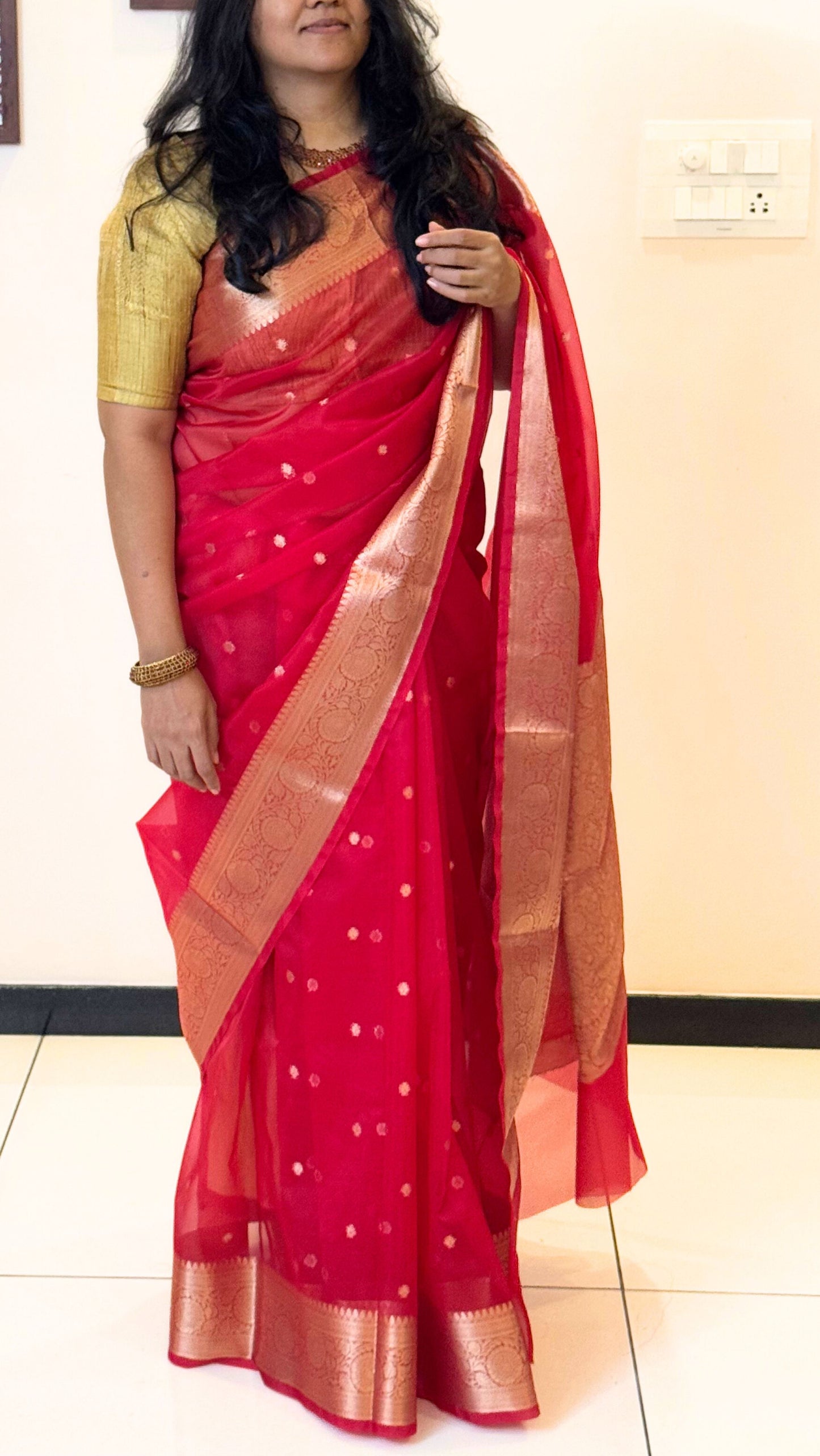 Traditional Banarasi Weaving in Organza - Red