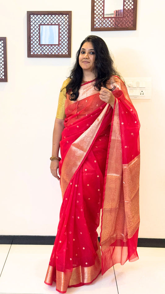 Traditional Banarasi Weaving in Organza - Red