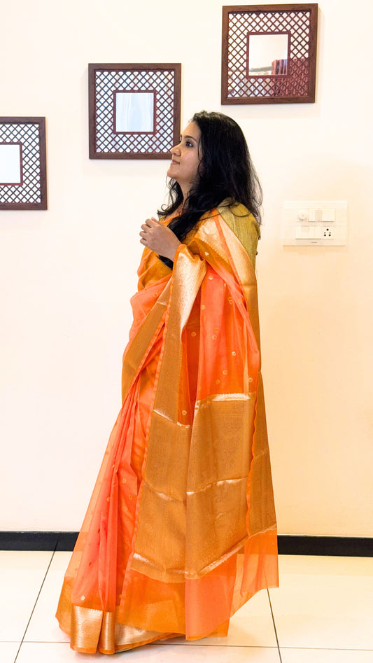 Traditional Banarasi Weaving in Organza - Neon Orange