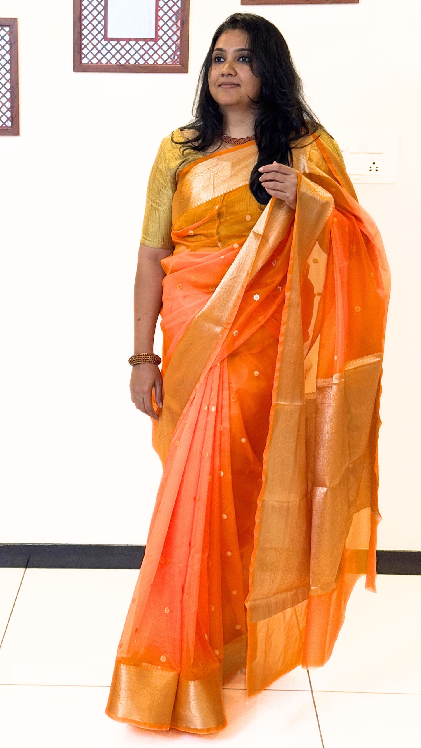 Traditional Banarasi Weaving in Organza - Neon Orange