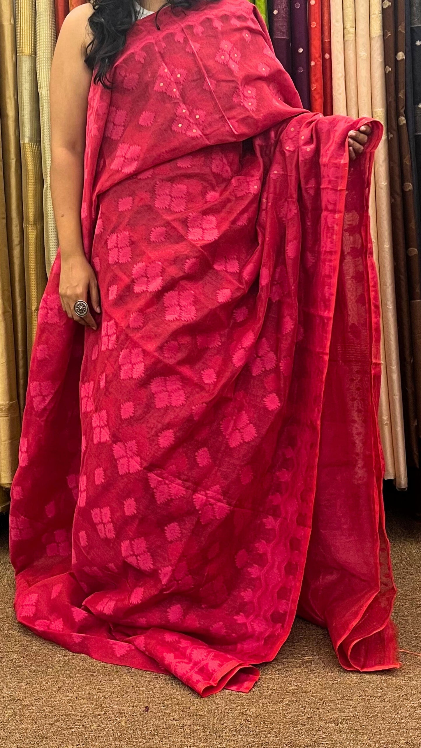 Cotton Jamdani diamond saree - Rani Pink