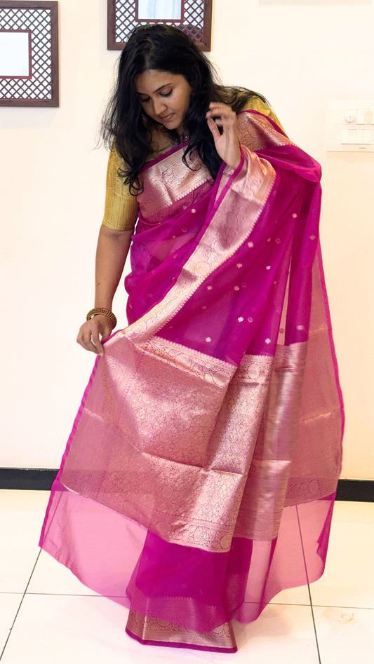 Traditional Banarasi Weaving in Organza - Rani Pink