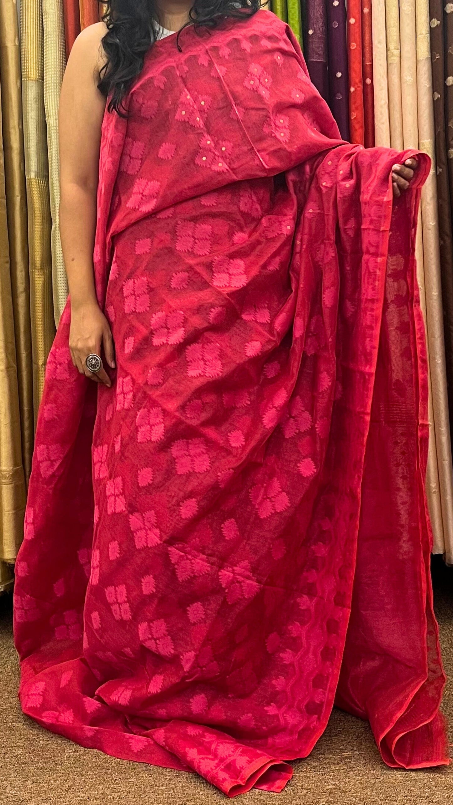 Cotton Jamdani diamond saree - Rani Pink