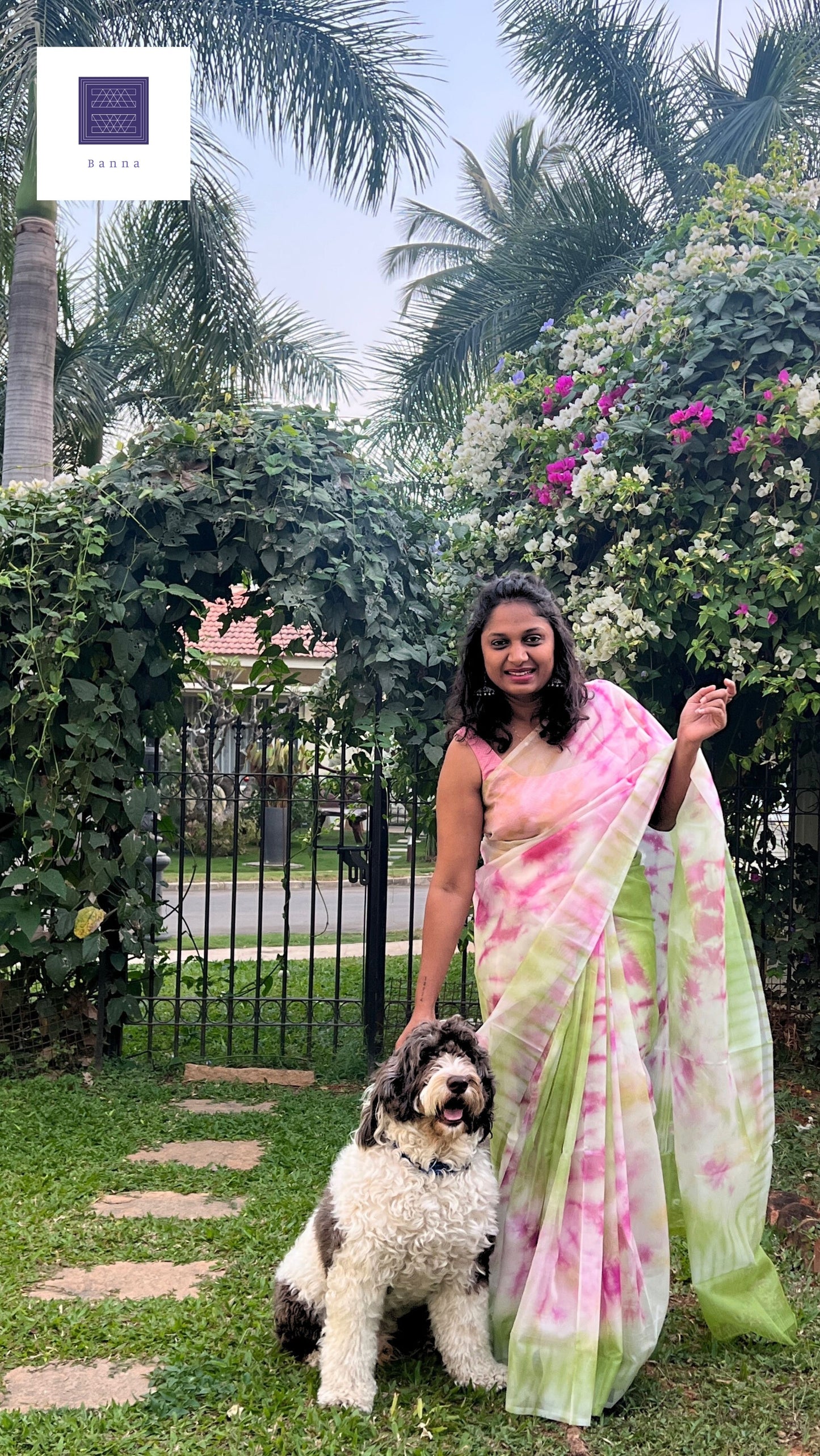 Bougainvillea Bloom, in tie dye - Banna's signature organza saree