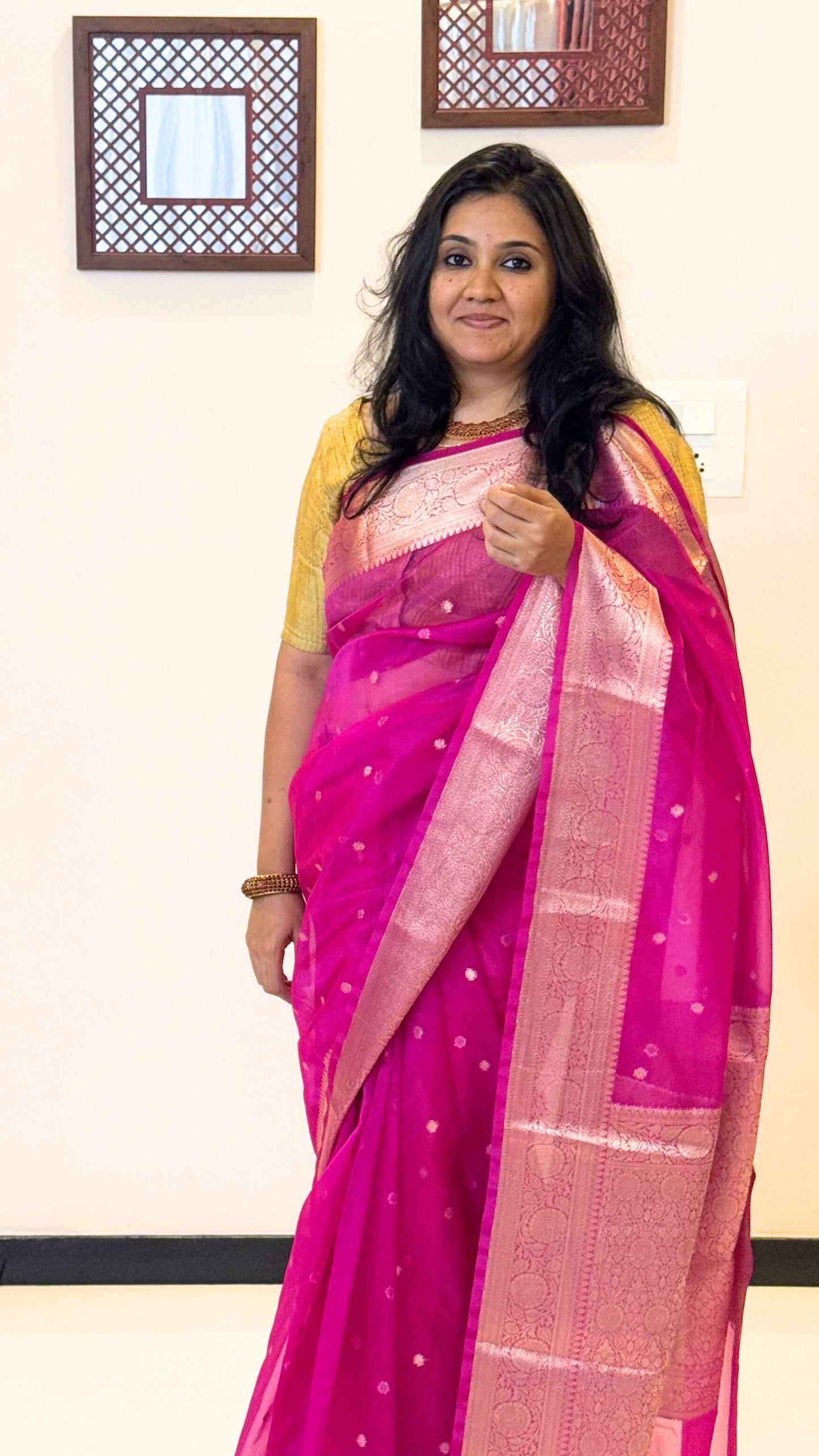 Traditional Banarasi Weaving in Organza - Rani Pink