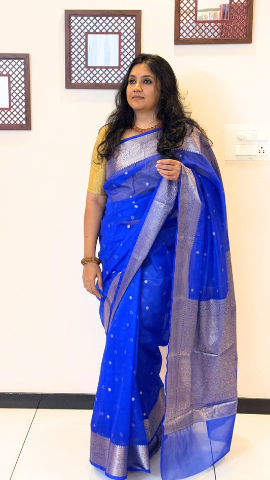 Traditional Banarasi Weaving in Organza - Royal Blue