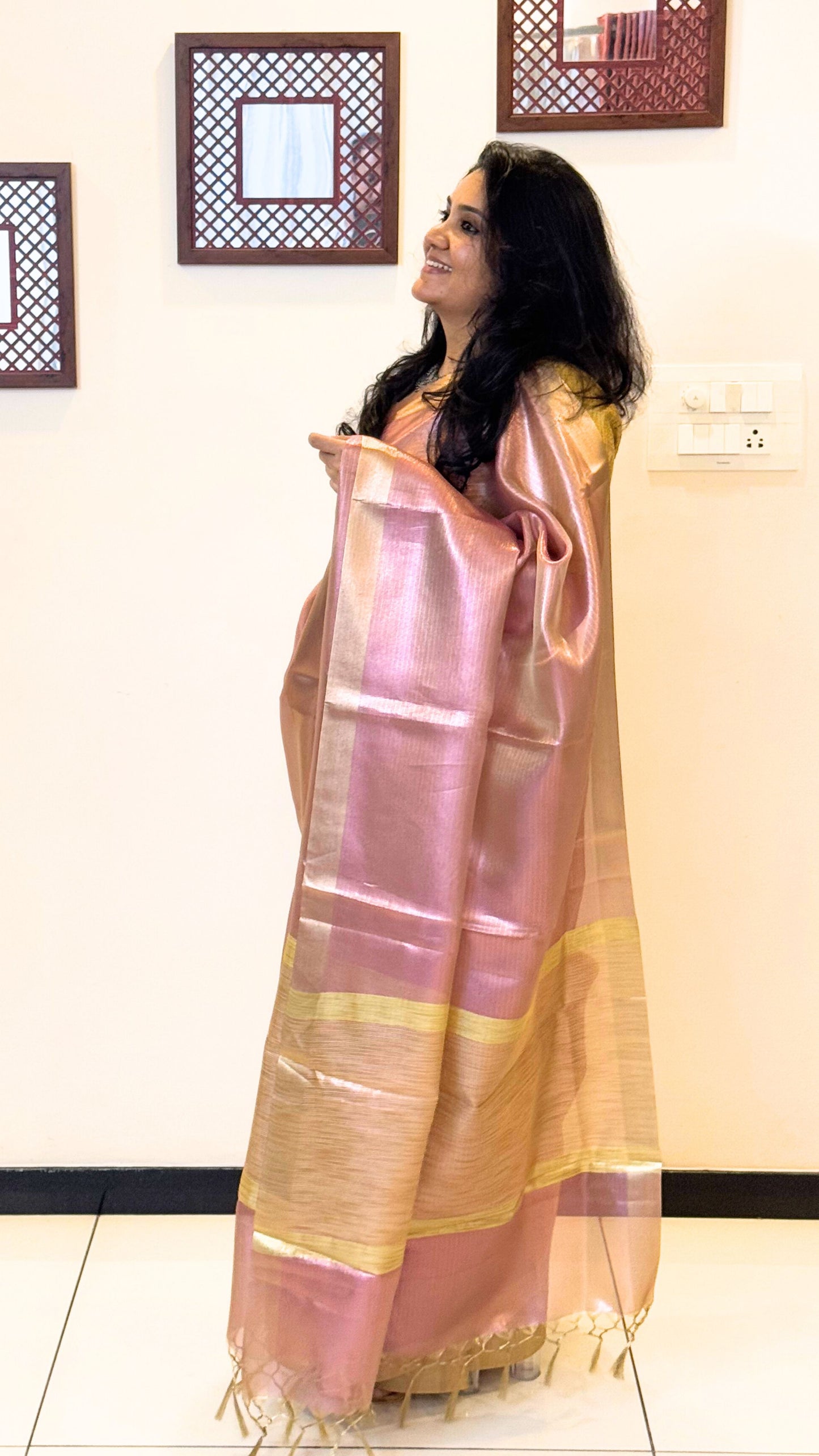 Shimmering Tissue Saree - Pink and Gold