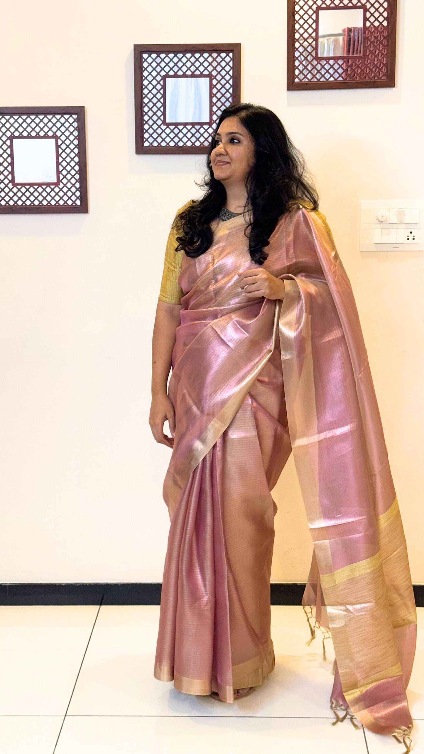 Shimmering Tissue Saree - Pink and Gold