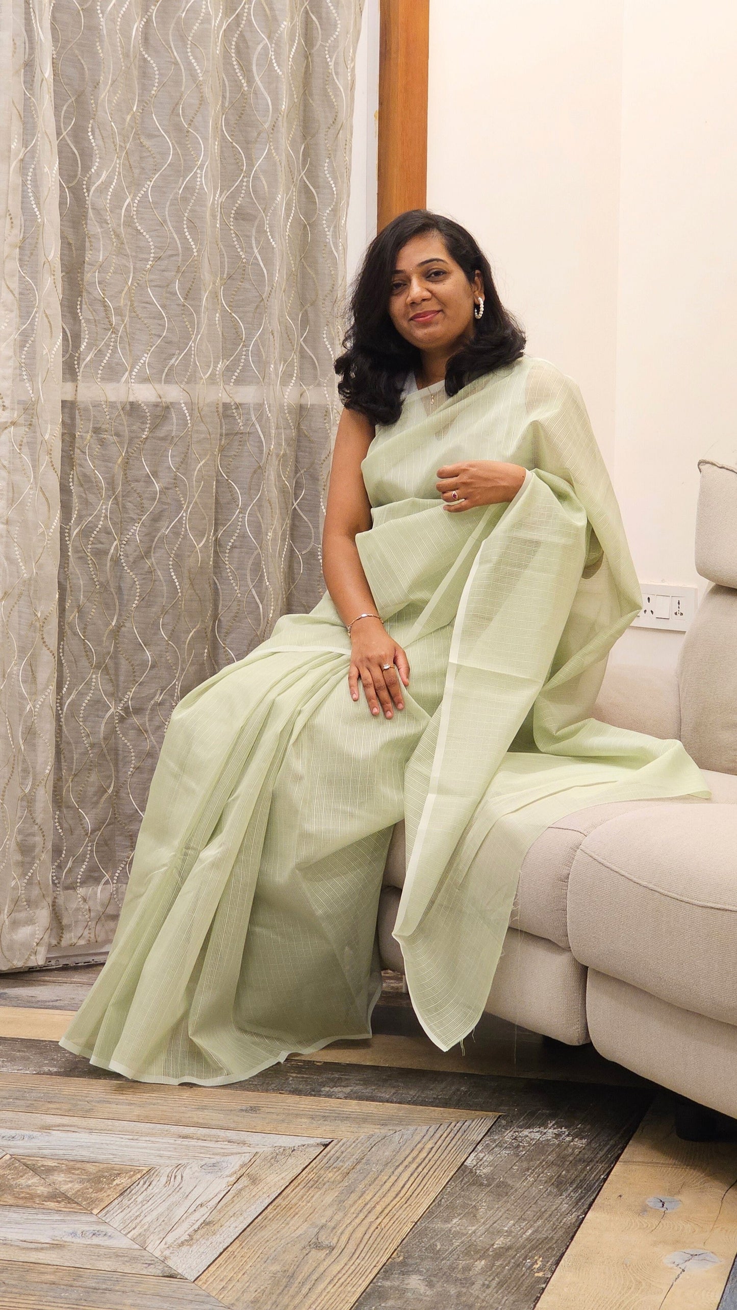 Work love, everyday saree - Kota cotton checks in Pastel Green