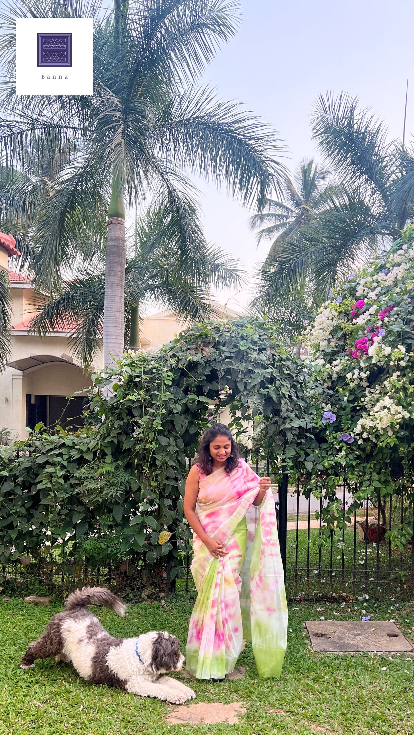 Bougainvillea Bloom, in tie dye - Banna's signature organza saree