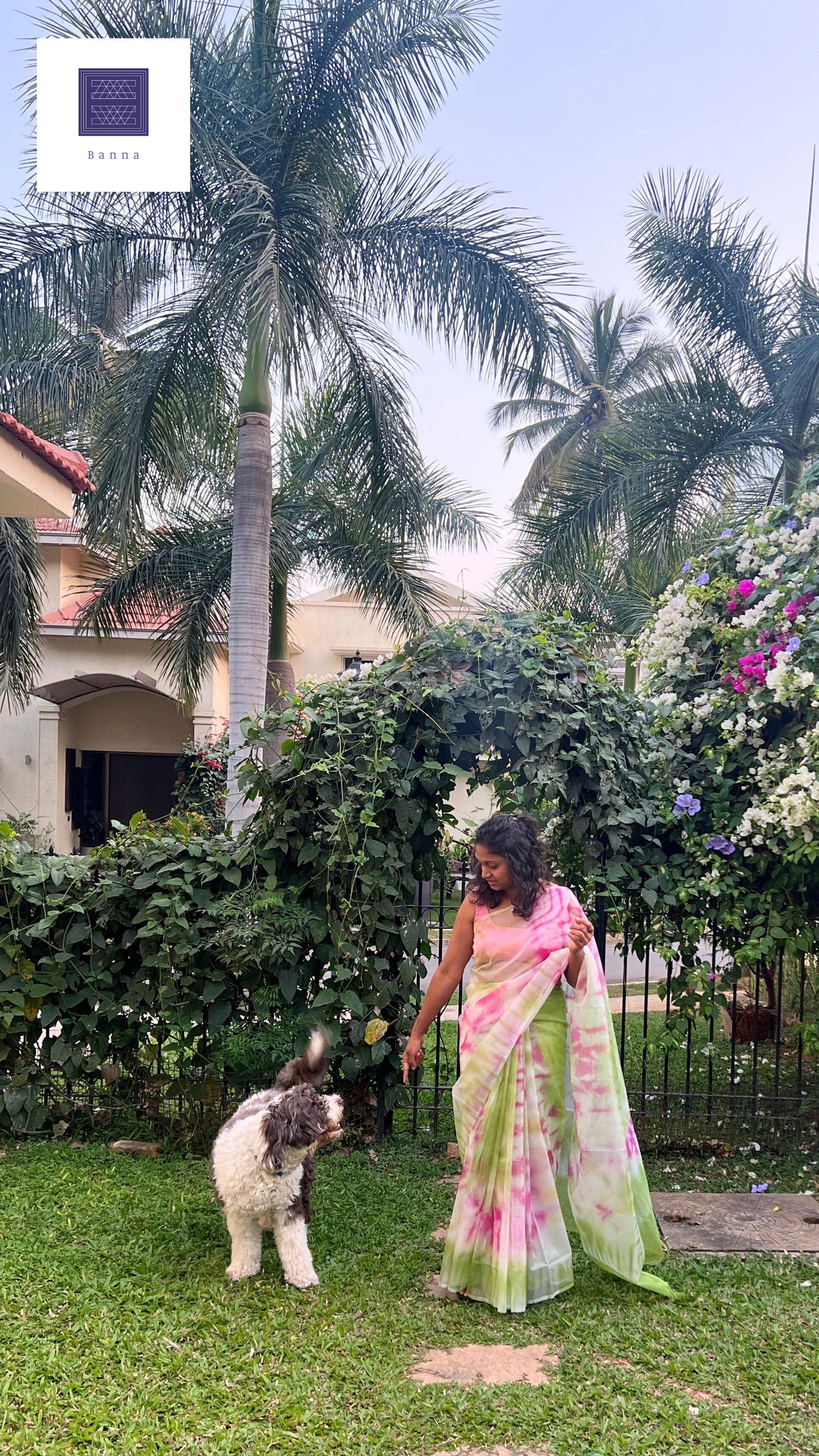 Bougainvillea Bloom, in tie dye - Banna's signature organza saree