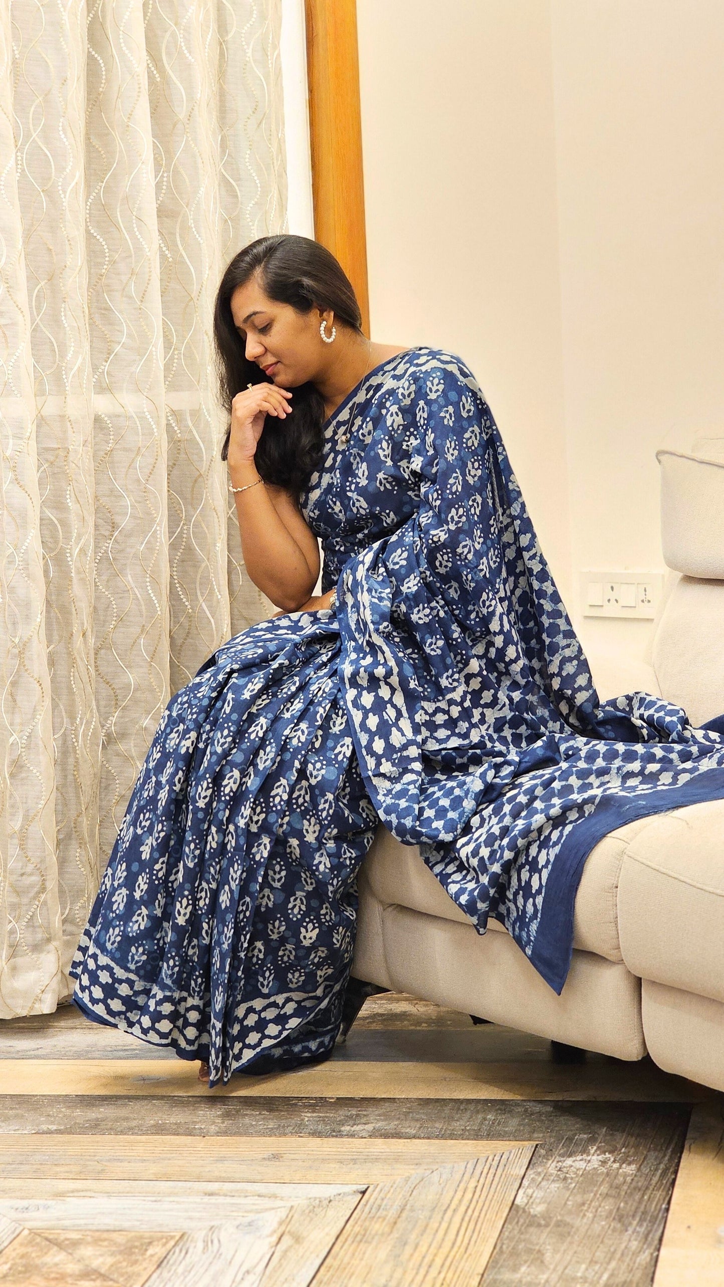 Mulmul cotton saree with Handblock prints - Indigo