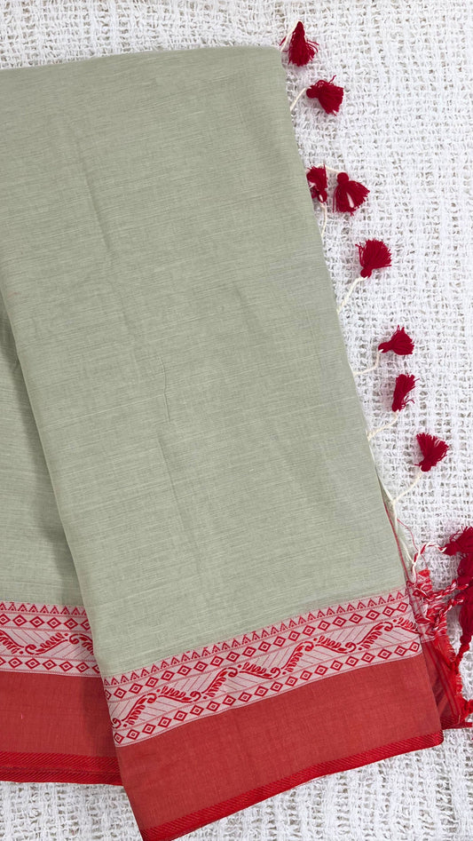 Soft Cotton saree with traditional border - Light green and Red