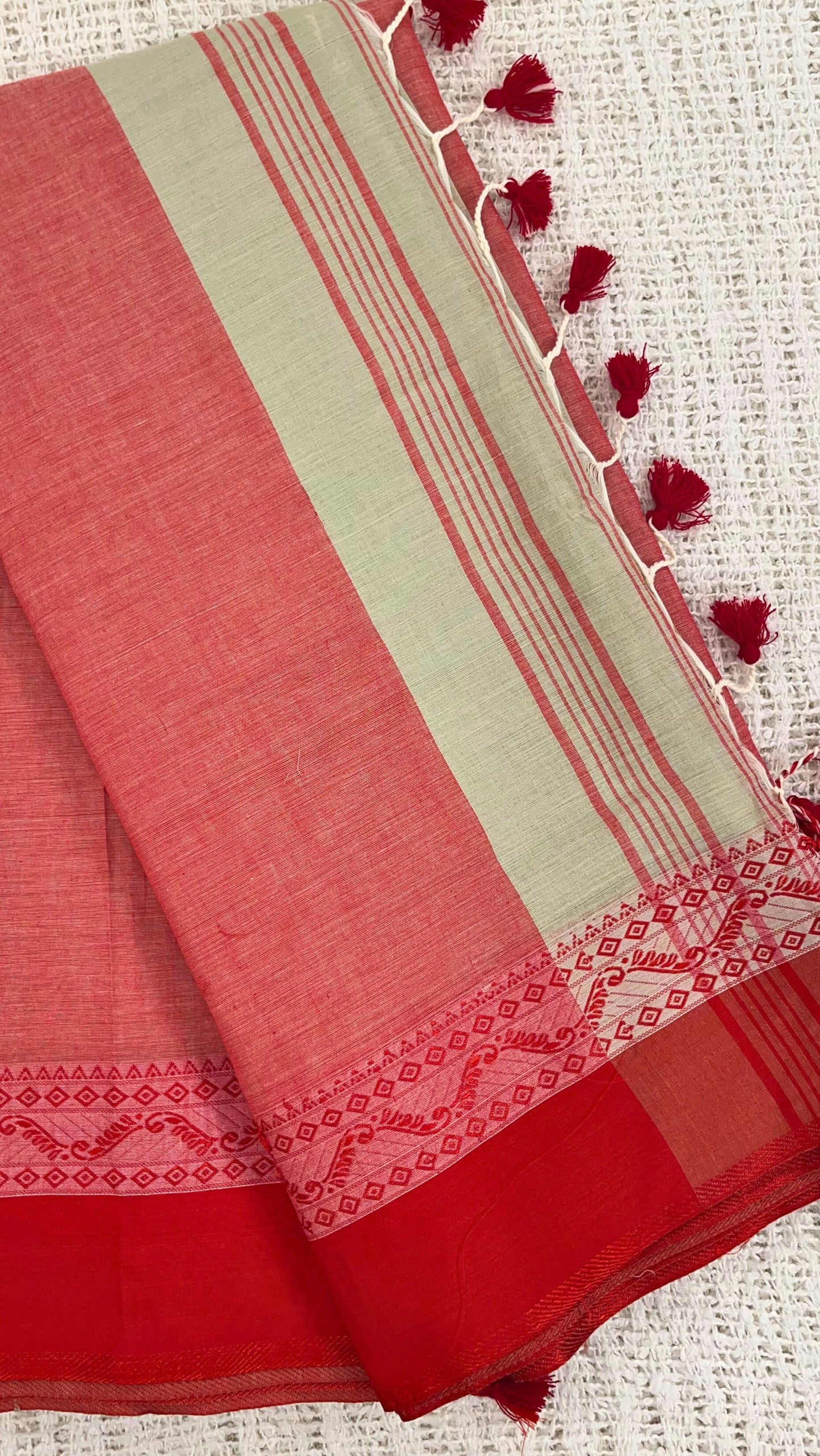 Soft Cotton saree with traditional border - Light green and Red