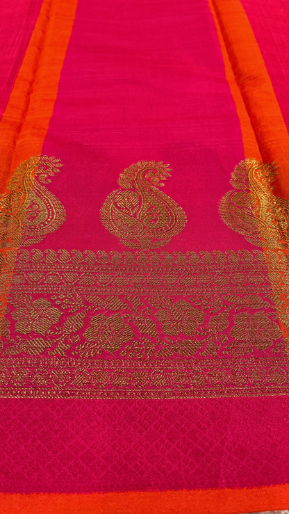 Linen Cotton Silk Saree with thread weaving - Rani Pink