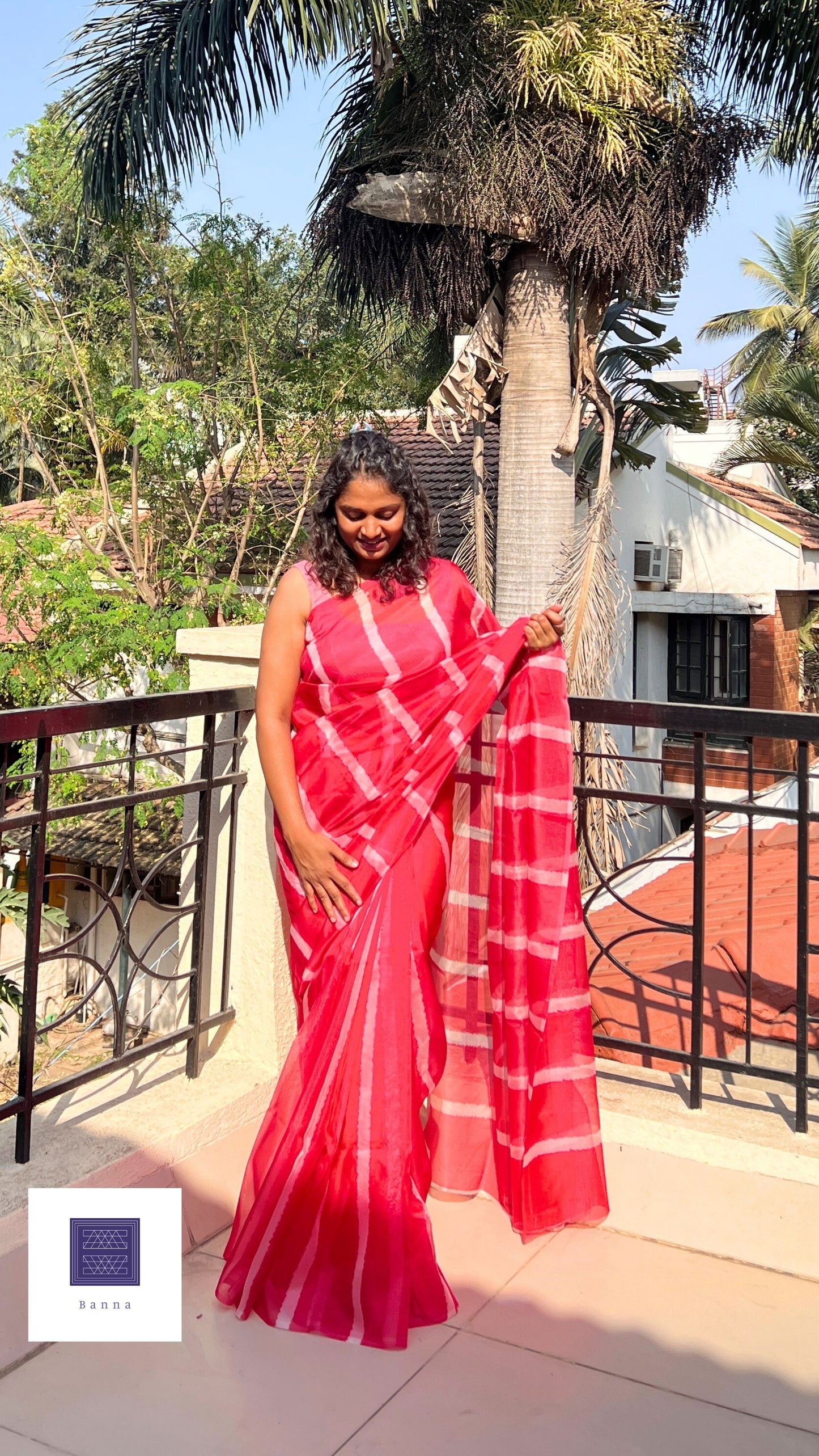 Pink and White vertical lines - Banna's signature organza saree