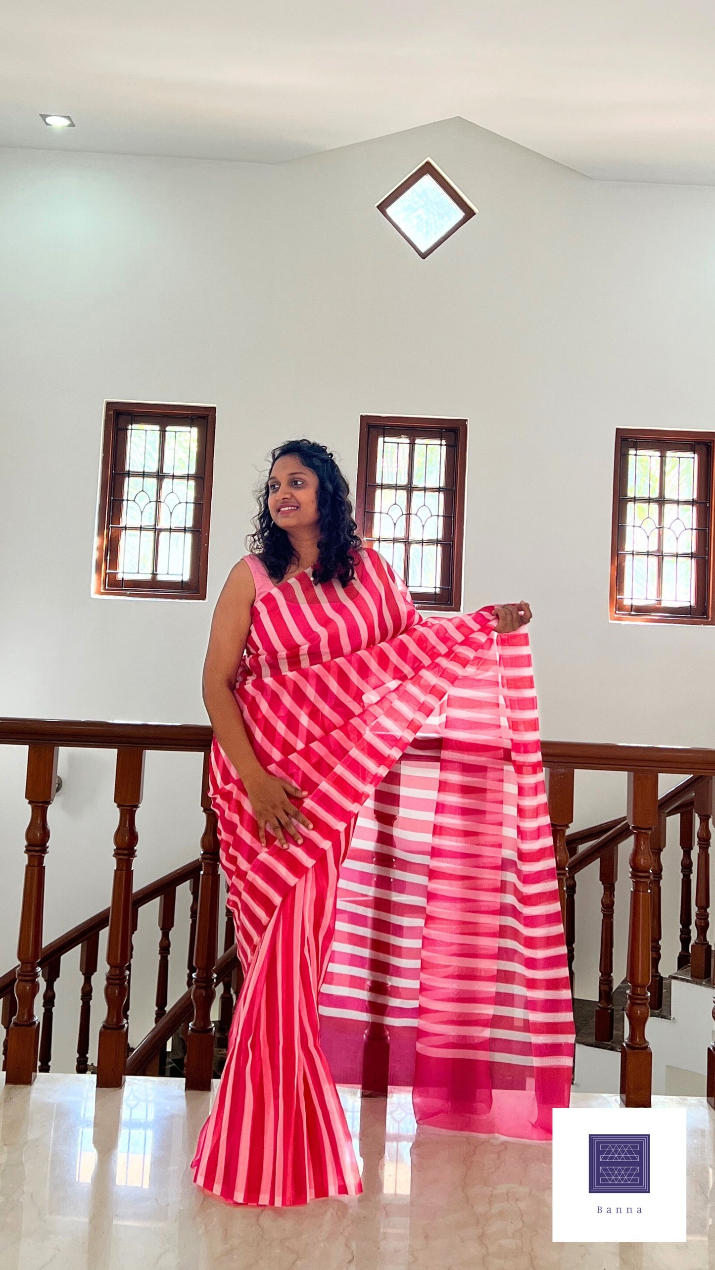 Pink and White lines - Banna's signature organza saree