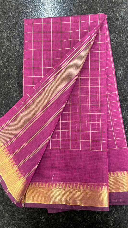 Cotton Saree checks with Temple border - Magenta