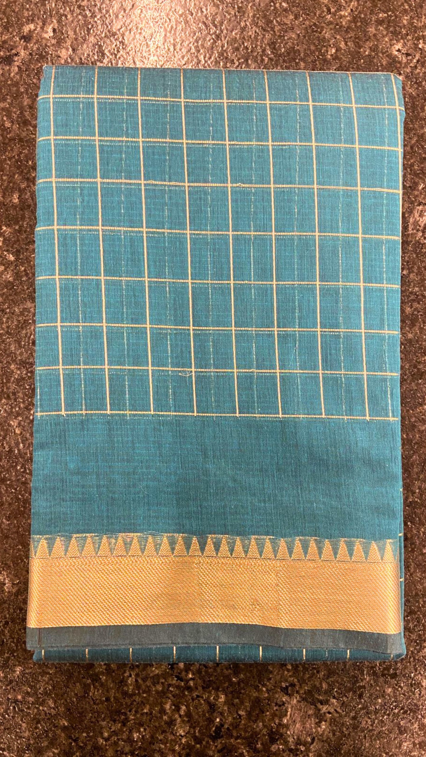 Cotton Saree checks with Temple border - Dark Green + Blue