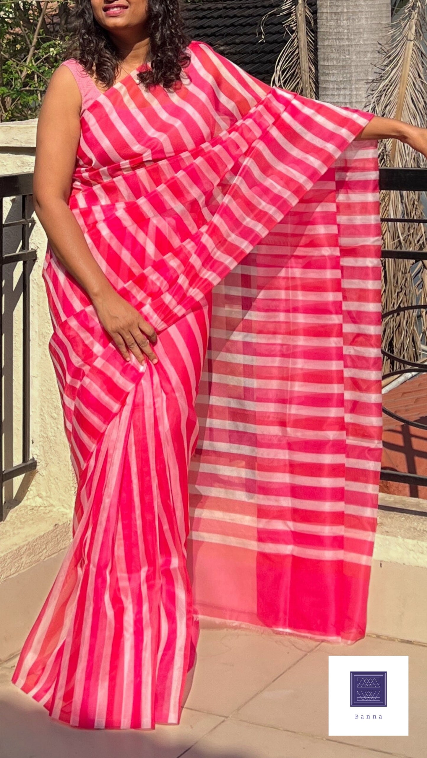 Pink and White lines - Banna's signature organza saree