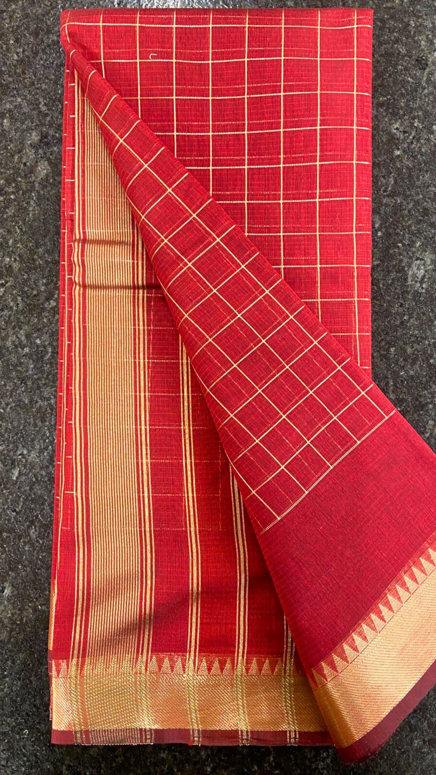 Cotton Saree checks with Temple border - Red