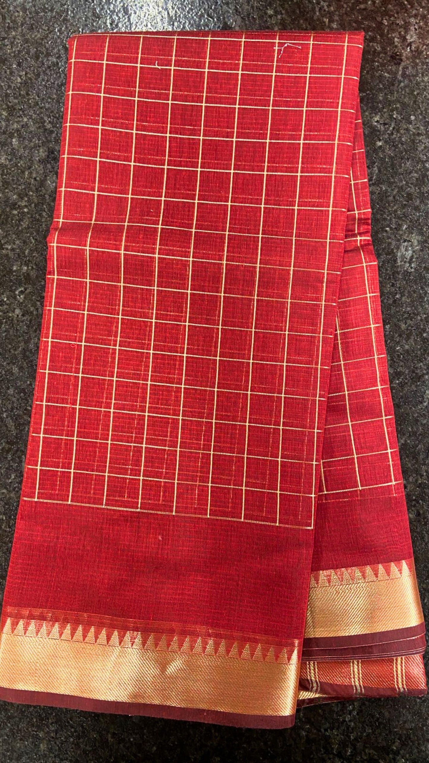 Cotton Saree checks with Temple border - Red