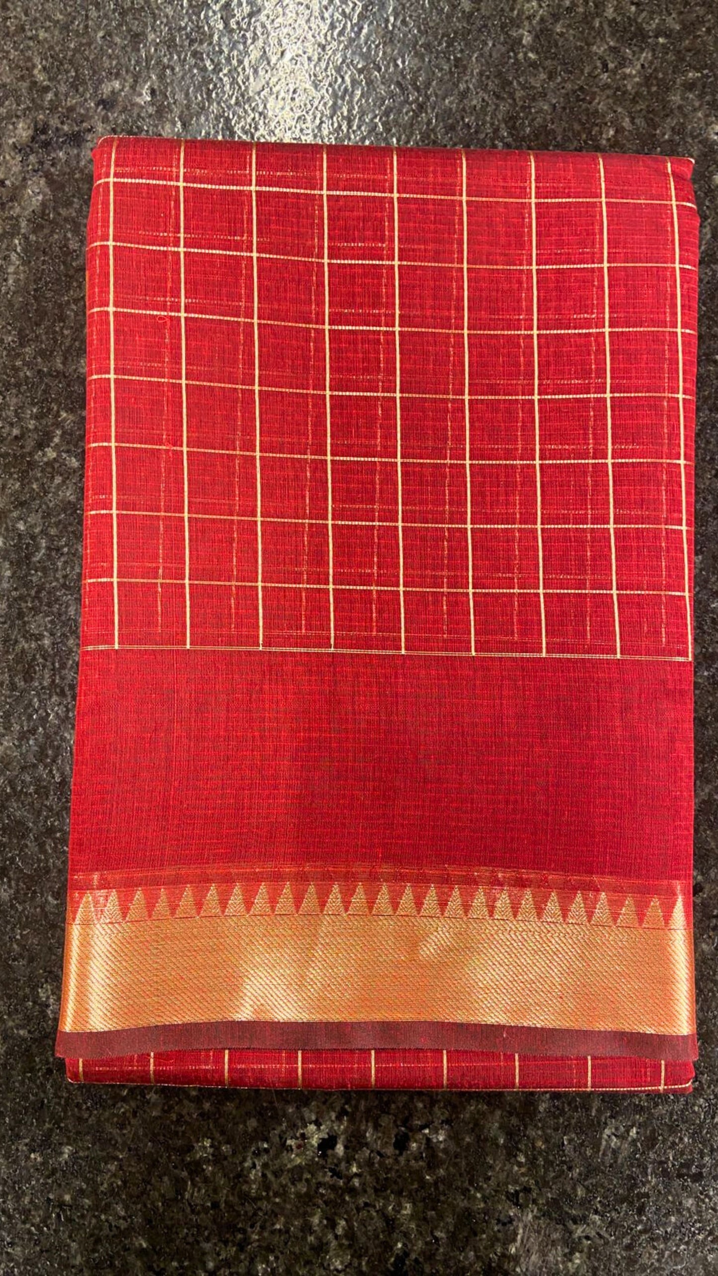 Cotton Saree checks with Temple border - Red