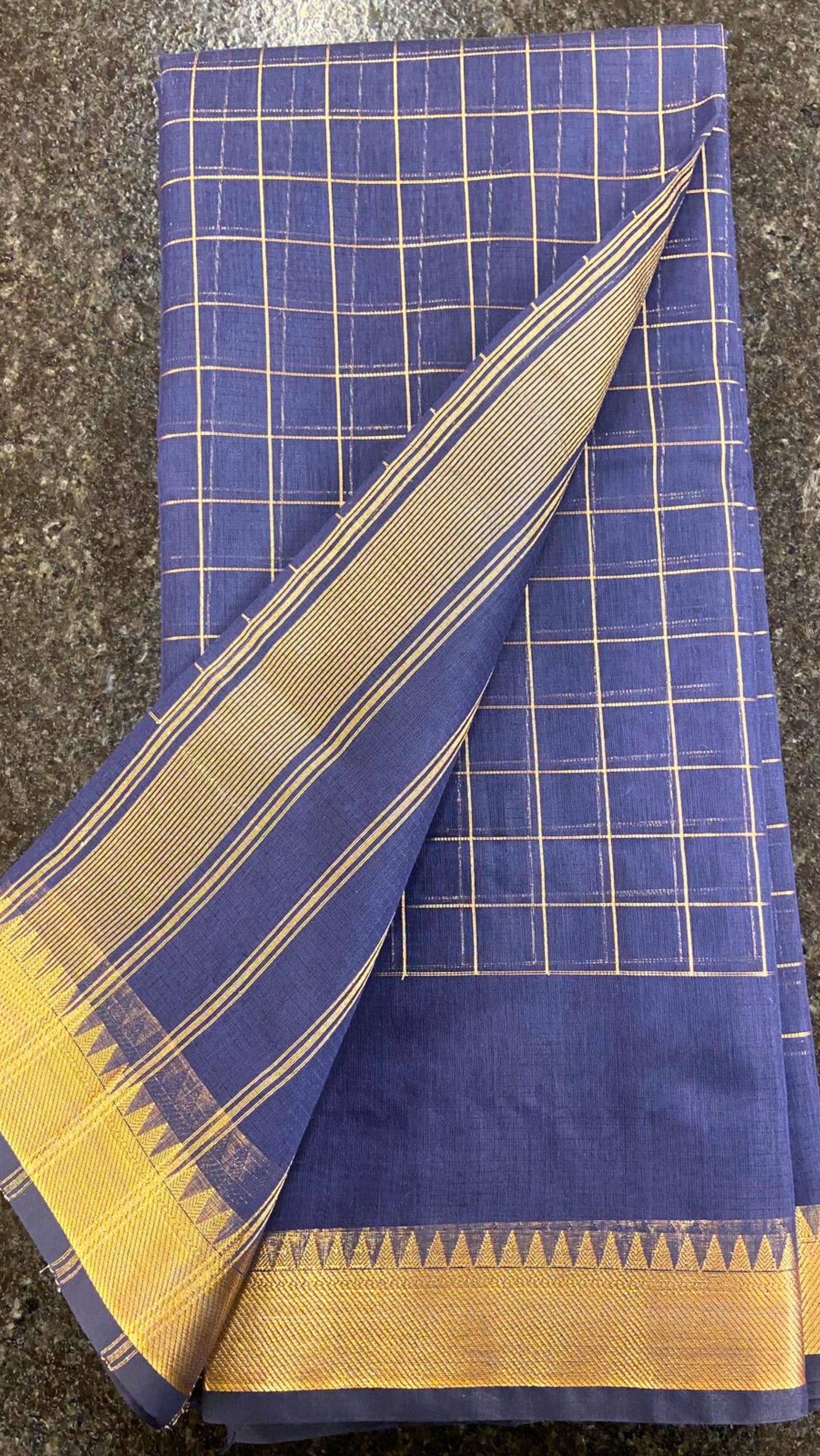 Cotton Saree checks with Temple border - Navy Blue