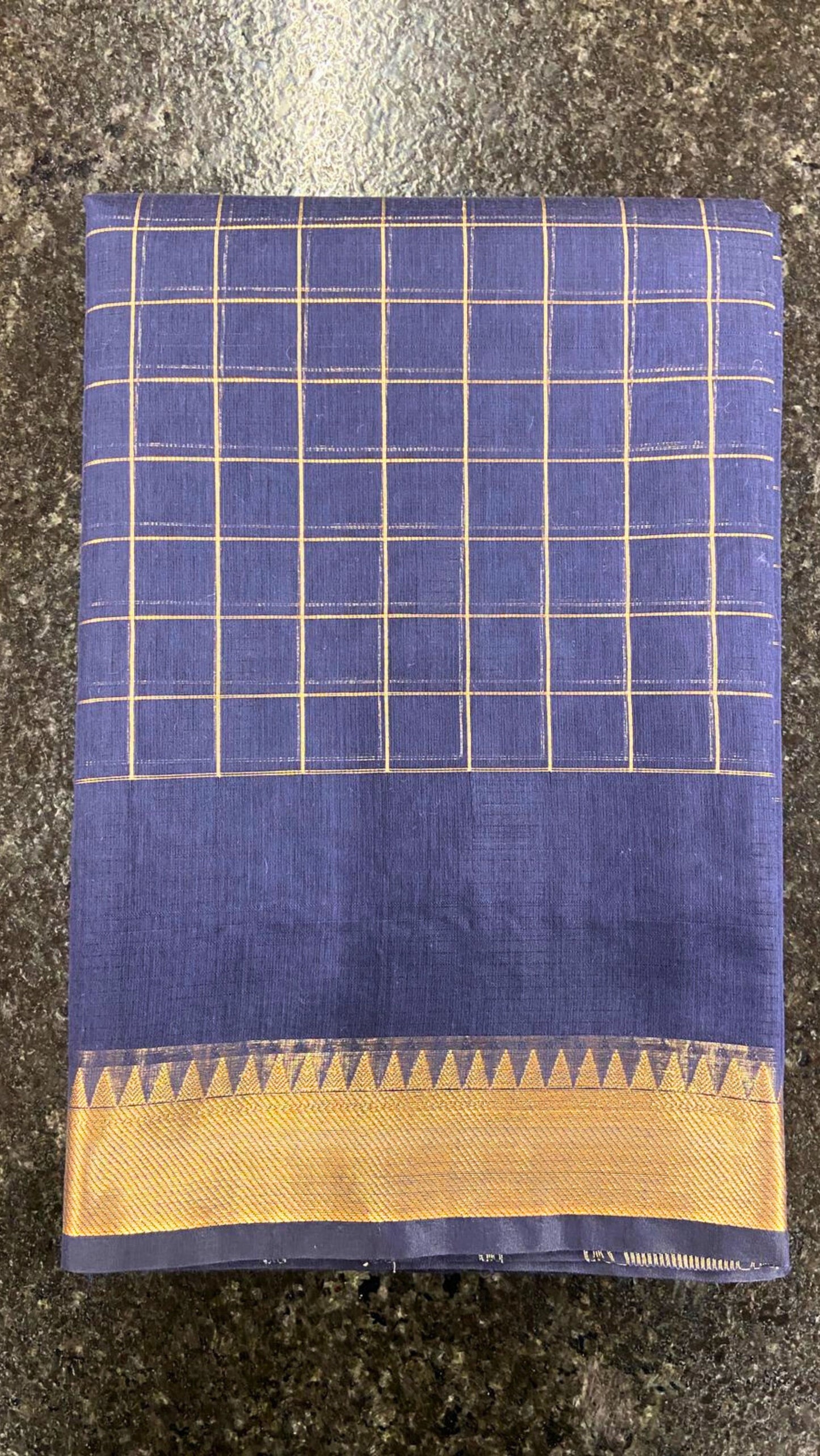 Cotton Saree checks with Temple border - Navy Blue