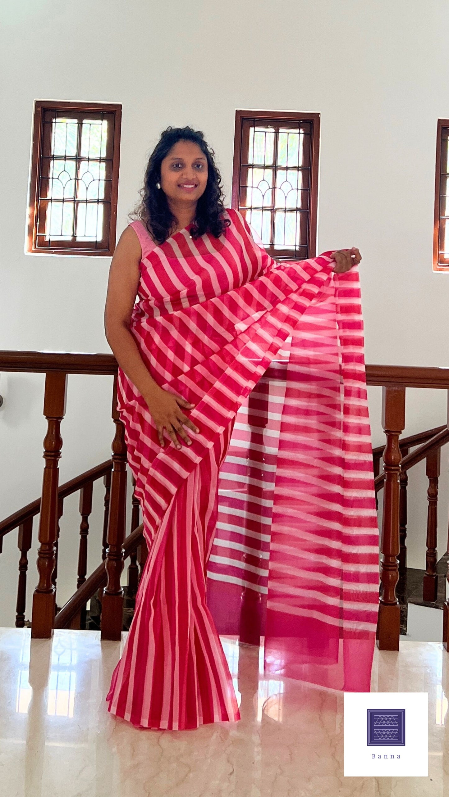 Pink and White lines - Banna's signature organza saree