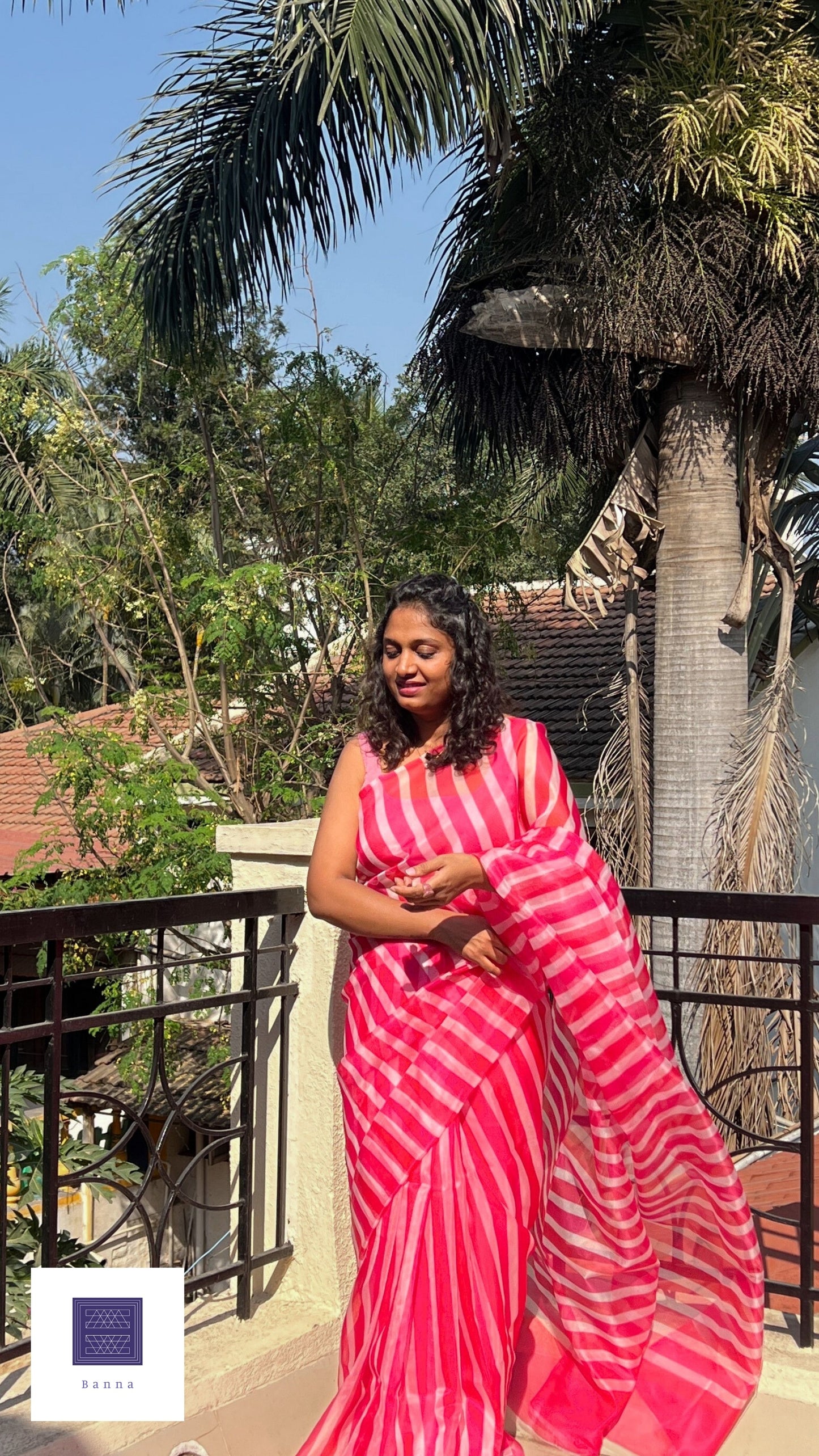 Pink and White lines - Banna's signature organza saree