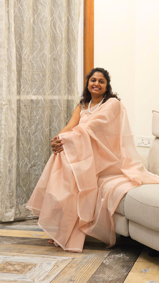 Work love, everyday saree - Kota cotton checks in Pastel Peach