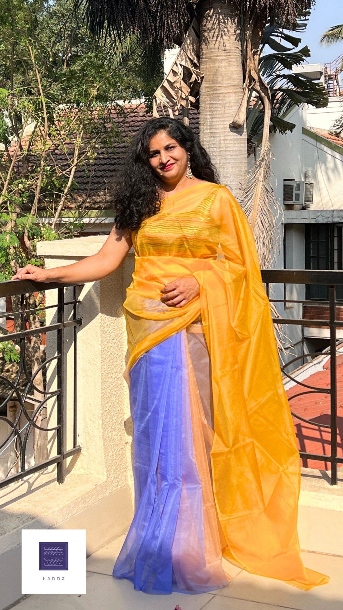 Blue and Yellow Gerbera flower - Banna's signature organza saree