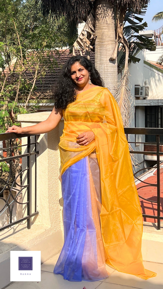 Blue and Yellow Gerbera flower - Banna's signature organza saree