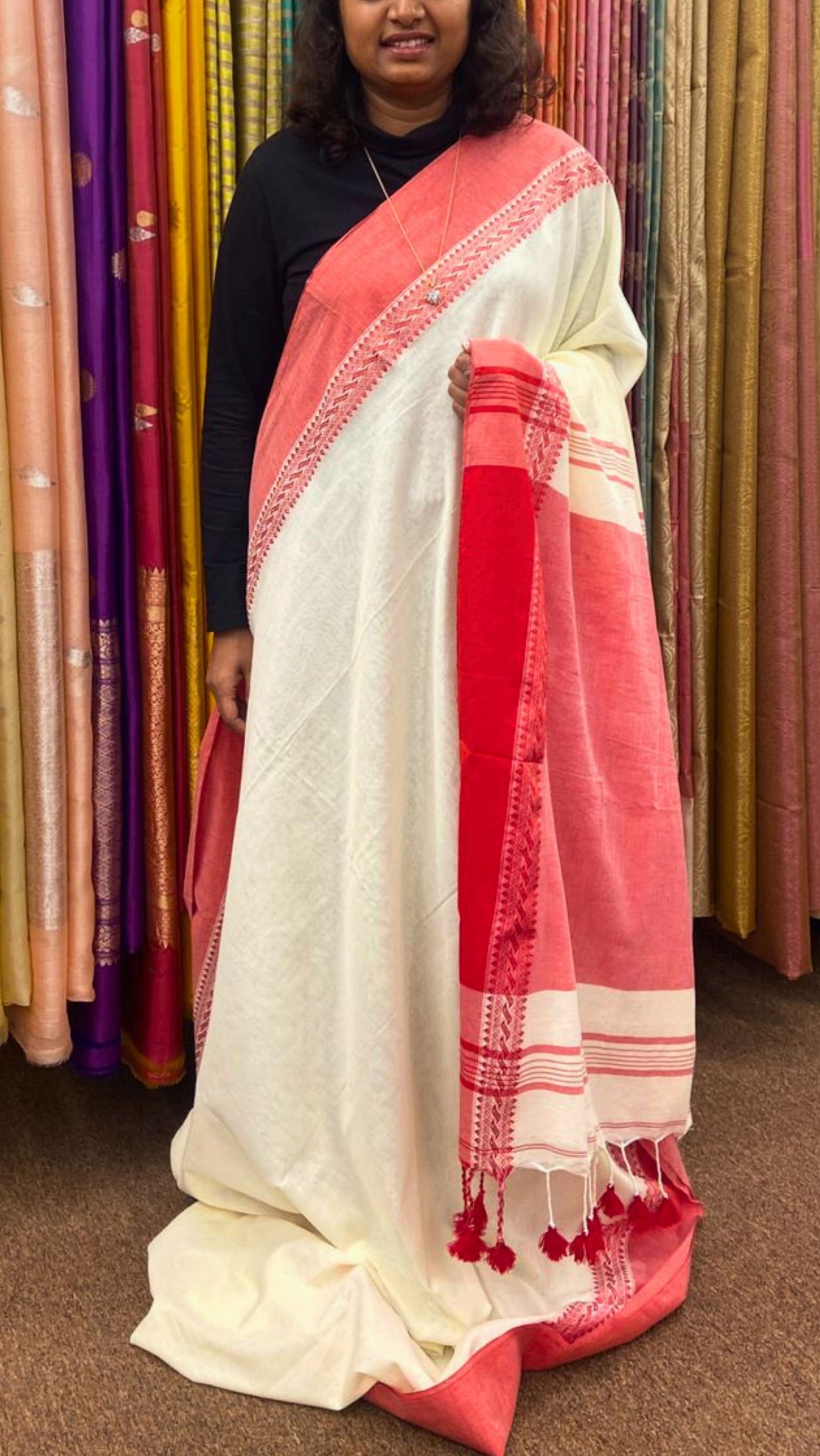 Soft Cotton saree with traditional border - Cream