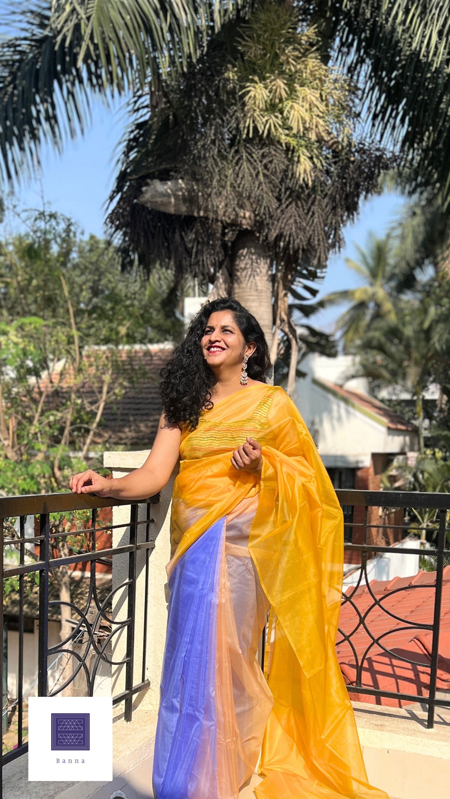 Blue and Yellow Gerbera flower - Banna's signature organza saree