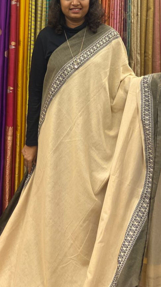 Soft Cotton saree with traditional border - Beige and Black