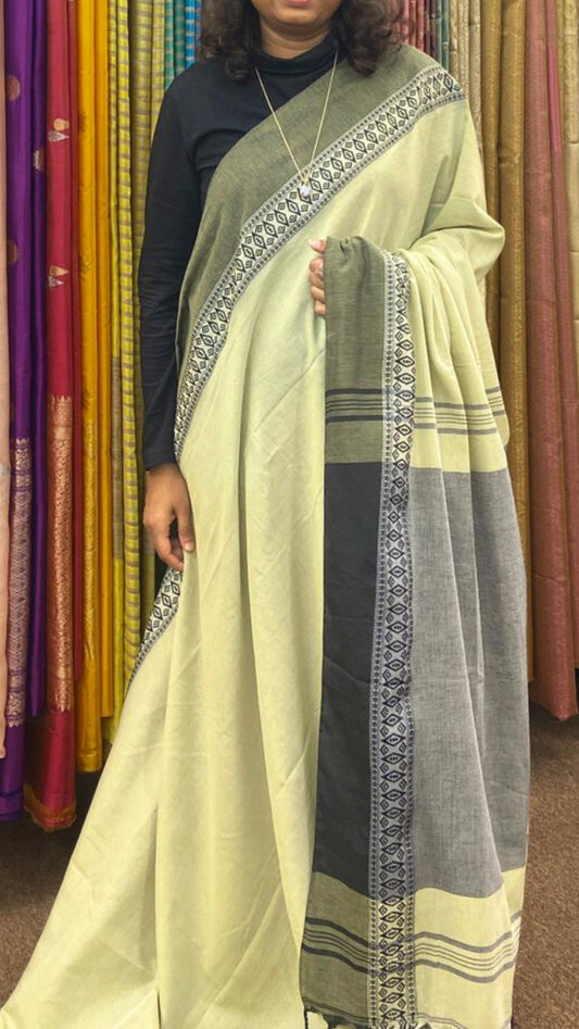 Soft Cotton saree with traditional border - Light Green and Grey