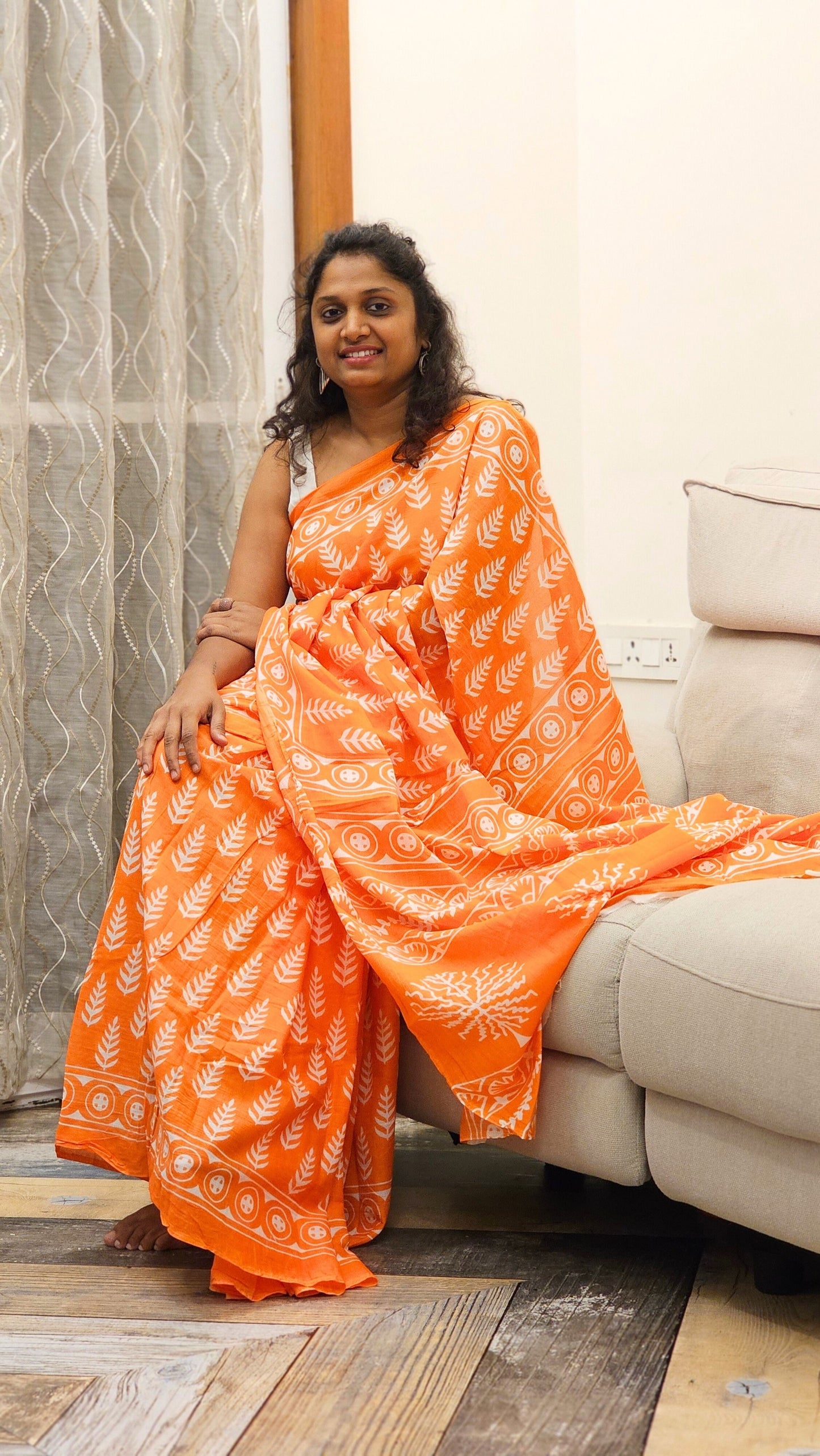 Bagru Prints Mulmul cotton saree - Orange